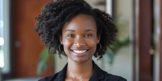 woman with curly hair is smiling camera